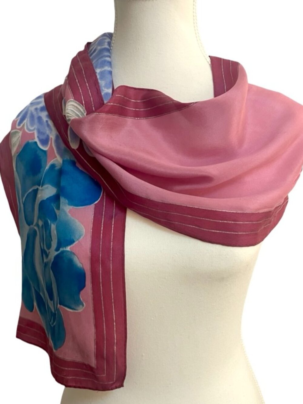 Vintage Vera Pink Blue Floral Silky Oblong Scarf 10 x 51